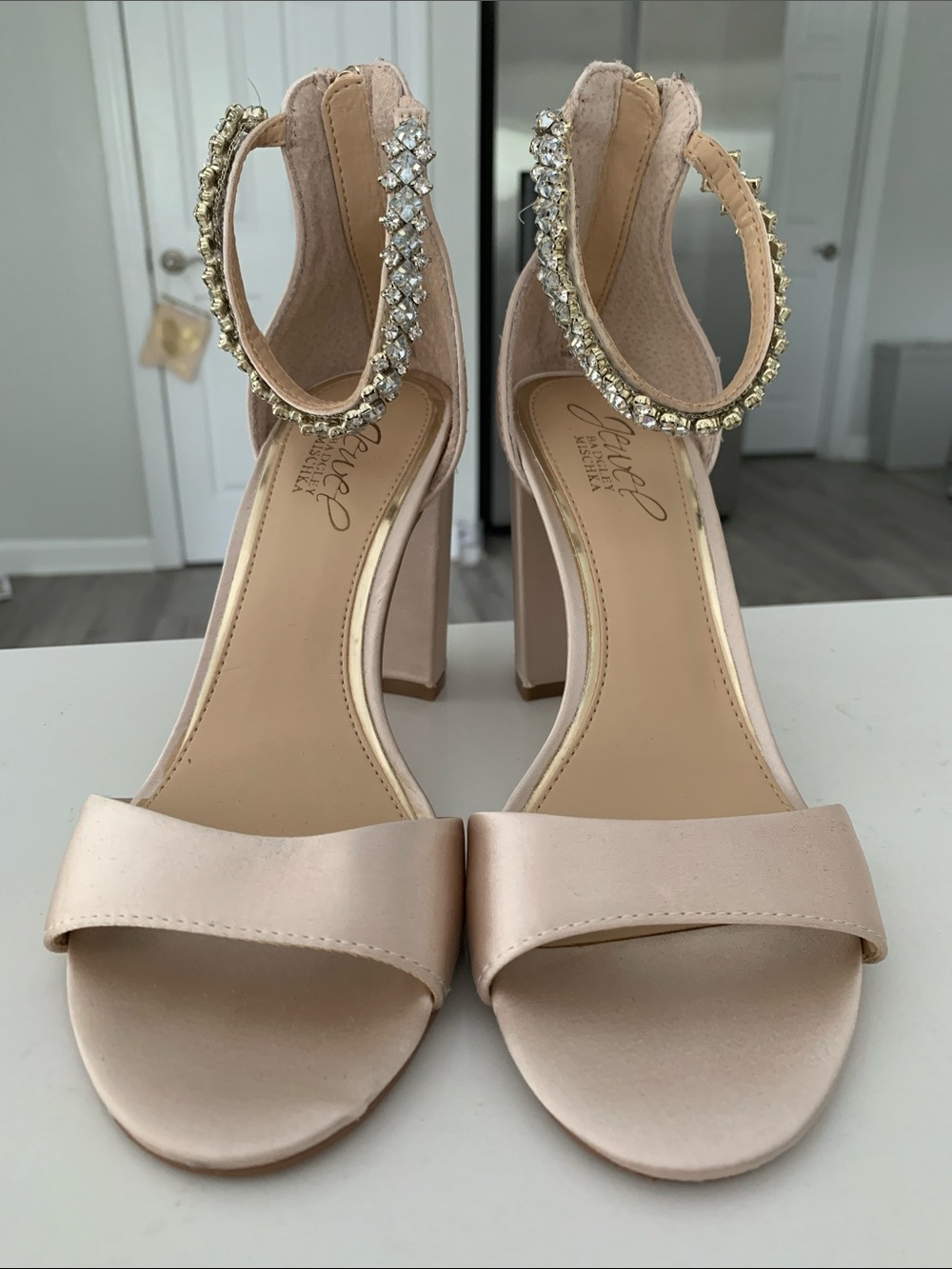 Jewel Badgley Mischka Crystal Ankle-Strap Block Heels in Blush, Size 6.
